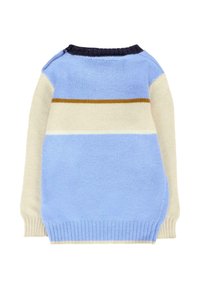 Maglione a maniche lunghe lavorato a maglia con righe orizzontali blu, crema e senape, e colletto a coste in navy scuro.