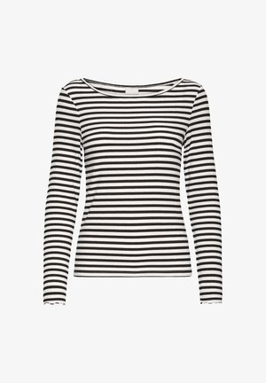 Čierne a biele pruhované tričko s dlhým rukávom, rebrované, s okrúhlym výstrihom a mierne volánovými manžetami.