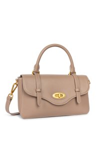 Borsa a mano in pelle beige con un design strutturato, hardware dorato e cuciture a contrasto. Presenta una maniglia superiore e una tracolla staccabile.