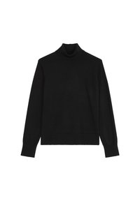 Melnās turtlenecks džemperis, izgatavots no mīksta adījuma materiāla, ar garām piedurknēm un pielāgotu siluetu, ar ribotām piedurknēm un apakšmalu.