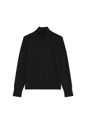 Melnās turtlenecks džemperis, izgatavots no mīksta adījuma materiāla, ar garām piedurknēm un pielāgotu siluetu, ar ribotām piedurknēm un apakšmalu.