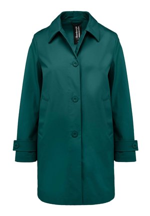 Butelkowo zielony płaszcz do kolan z ostrym kołnierzem, trzema przednimi guzikami, bocznymi kieszeniami i paskami z guzikami na rękawach.