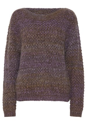 Maglione lavorato a maglia nelle tonalità di viola e marrone, con un motivo testurizzato, design a girocollo e maniche lunghe. Materiale morbido e spesso.