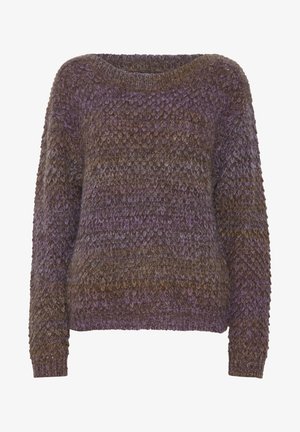 Pleteni pulover v odtenkih vijolične in rjave barve, z teksturiranjem, krojem z okroglim izrezom in dolgimi rokavi. Mehka, debela tkanina.