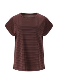 Bordeauxkleurige top met korte mouwen, horizontale strepen, ronde halslijn, zachte textuur, relaxte pasvorm en subtiele logo-details nabij de zoom.
