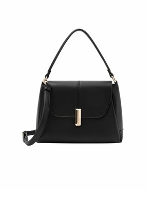 Borsa a mano in pelle nera con una forma strutturata, manico superiore e tracolla rimovibile. Presenta una chiusura in tonalità dorata e una finitura testurizzata.