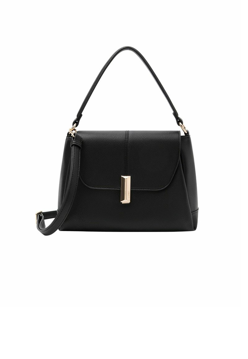 Borsa a mano in pelle nera con una forma strutturata, manico superiore e tracolla rimovibile. Presenta una chiusura in tonalità dorata e una finitura testurizzata.