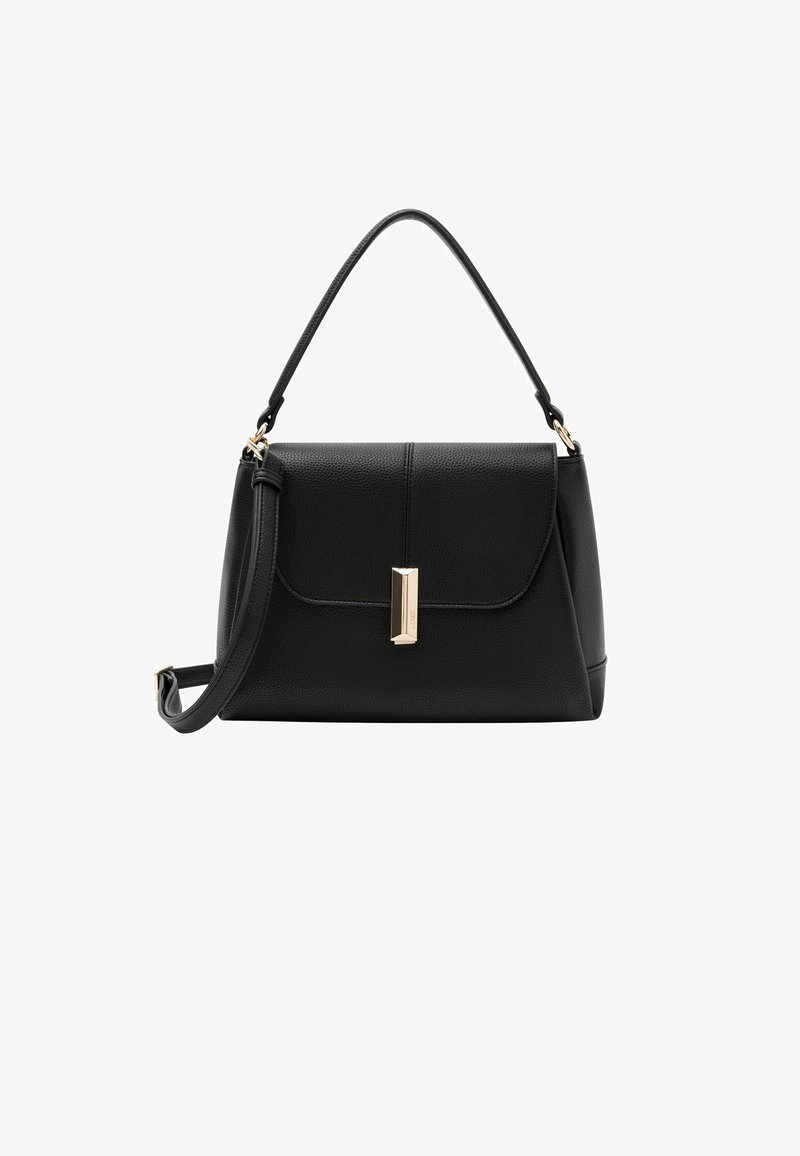 Borsa a mano in pelle nera con una forma strutturata, manico superiore e tracolla rimovibile. Presenta una chiusura in tonalità dorata e una finitura testurizzata.