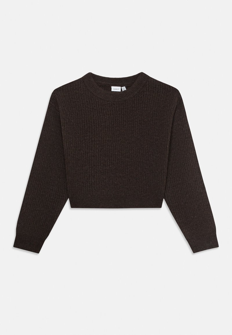 Tumepruun ribane kootud lühikeste varrukatega sviiter ümmarguse kaelusega, asetatud lamedalt valgele taustale.