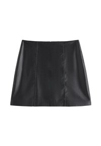 Sort læder mini nederdel, A-formet silhouette, glat tekstur, har lodrette sømdetaljer, designet med en ren og enkel silhuet.