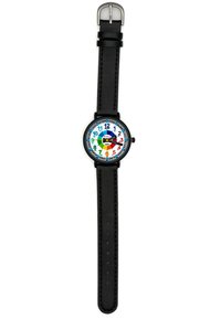 La montre à bracelet en cuir noir présente un cadran rond blanc avec des chiffres et des marqueurs d'heure colorés. Elle comprend une boucle en métal argenté.