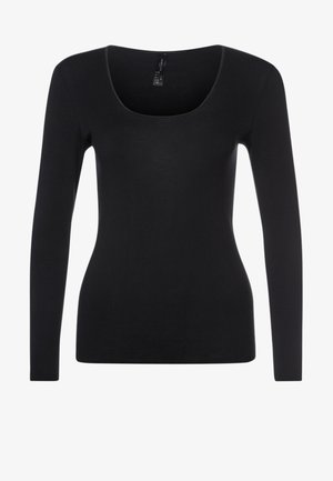 Black long-sleeve top with a scoop neckline, made of soft, stretchy fabric, featuring a fitted shape and minimalistic design.