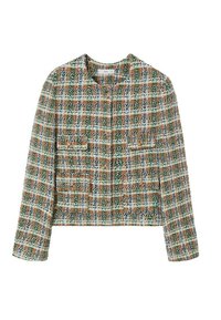 Veste en tweed à motif à carreaux marron, vert, blanc et noir, col rond, manches longues et poches avant avec boutons.