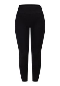 Svarta leggings gjorda av stretchigt tyg, med en bred midja och en slät, matt yta, som har en smal passform genom benen.