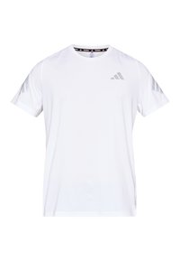 Bílé sportovní tričko z lehké látky. Obsahuje šedá loga Adidas a tři proužky na každém rameni. Kulatý výstřih, krátké rukávy.