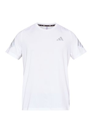 Bílé sportovní tričko z lehké látky. Obsahuje šedá loga Adidas a tři proužky na každém rameni. Kulatý výstřih, krátké rukávy.