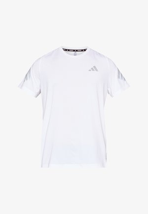 Wit atletisch T-shirt van lichtgewicht stof. Voorzien van grijze Adidas-logo's en drie strepen op elke schouder. Ronde halslijn, korte mouwen.