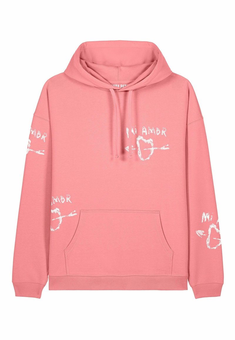 Felpa rosa realizzata in morbido tessuto con tasca frontale, cappuccio regolabile con coulisse e design grafico e testo bianco sulla parte anteriore e sul maniche.