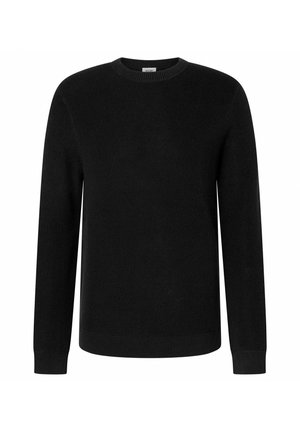 Schwarzer Pullover mit langen Ärmeln und Rundhalsausschnitt, mit strukturiertem Strickmuster sowie gerippten Bündchen und Saum, auf weißem Hintergrund dargestellt.