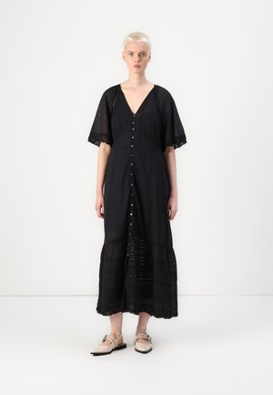 Black maxi dress with a deep V-neck, short lace-trimmed sleeves, and button-down front. Features a tiered, sheer lace bottom.