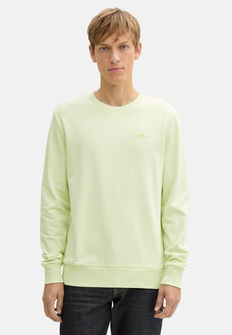 Hellgrüner Baumwollpullover mit langen Ärmeln, gerippten Bündchen und Saum, Frontdruck in dunklerem Grün, glatte Textur und lockere Passform.