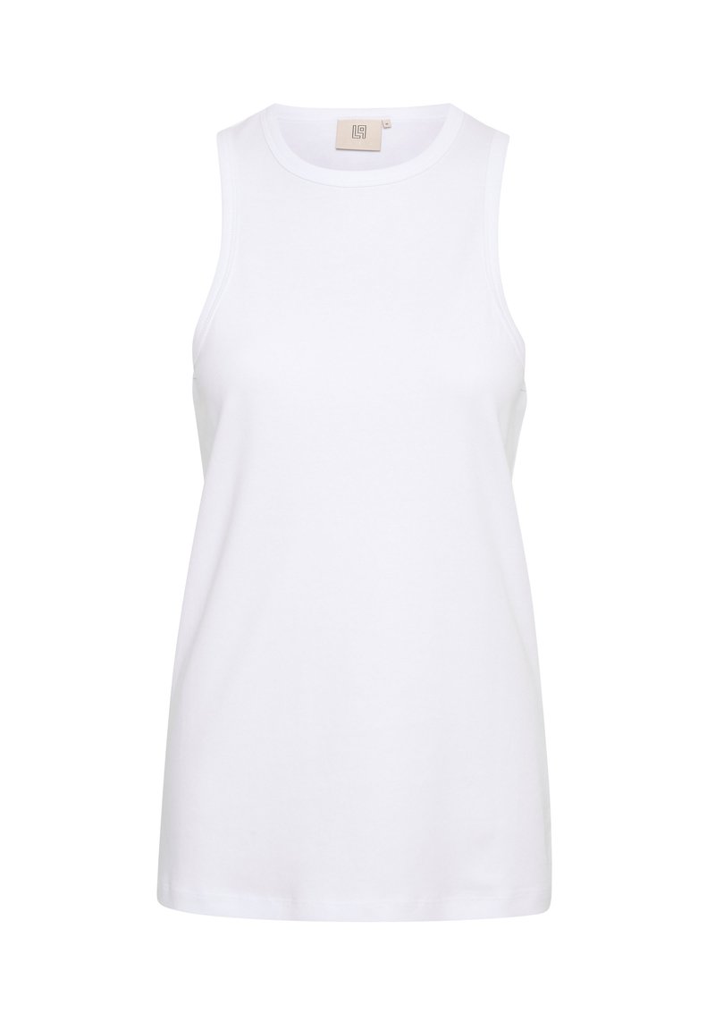Weißes ärmelloses Tanktop aus glattem Baumwollmaterial. Es hat einen runden Ausschnitt und einen geraden Saum mit einem einfachen, minimalistischen Design.