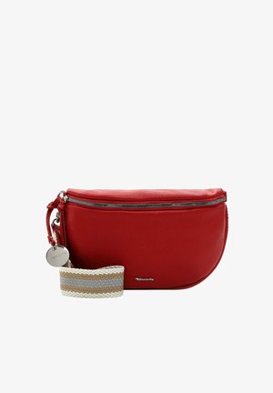 Red leather crossbody bag with a curved shape, zip closure, and a textured fabric strap featuring beige and gray stripes. Logo accent visible.