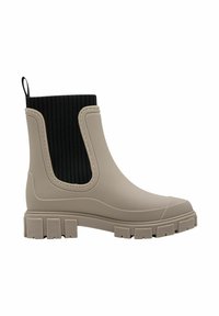 Botte de pluie beige à hauteur de cheville avec semelle épaisse et panneaux élastiques côtelés noirs sur les côtés, tirette au talon et bout arrondi.