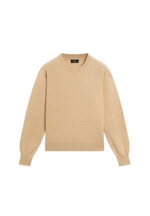 Beige trui met lange mouwen en ronde hals, plat neergelegd, geribde boorden aan mouwen, kraag en zoom, effen ontwerp zonder zichtbare patronen of logo’s.