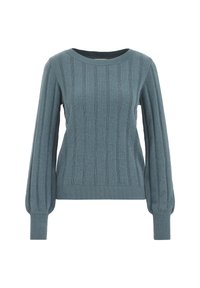 Maglione lavorato a maglia in teal con texture a costine, scollatura rotonda e maniche voluminose. Polsini e orlo aderenti. Tessuto morbido con finitura liscia.