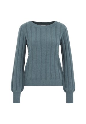 Teal knitted sweater with ribbed texture, round neckline, and voluminous sleeves. Fitted cuffs and hem. Soft fabric with a smooth finish.