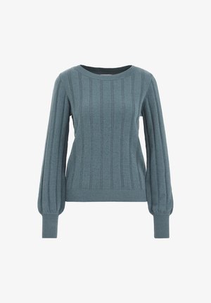 Tealfärgad stickad tröja med ribbad struktur, rund halsringning och voluminösa ärmar. Åtsittande muddar och fåll. Mjukt tyg med en slät finish.