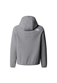 Šedá fleecová mikina s kapucňou, ktorá je pohodlná, s ozdobnými švami na ramenách a malým značkovým logom na zadnej hornej ľavej strane. Mäkká textura.