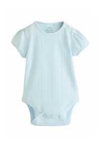 Ljust blå kortärmad babybodysuit med fint strukturerade ränder, rund halsringning och tryckknappar i botten för enkel byte.