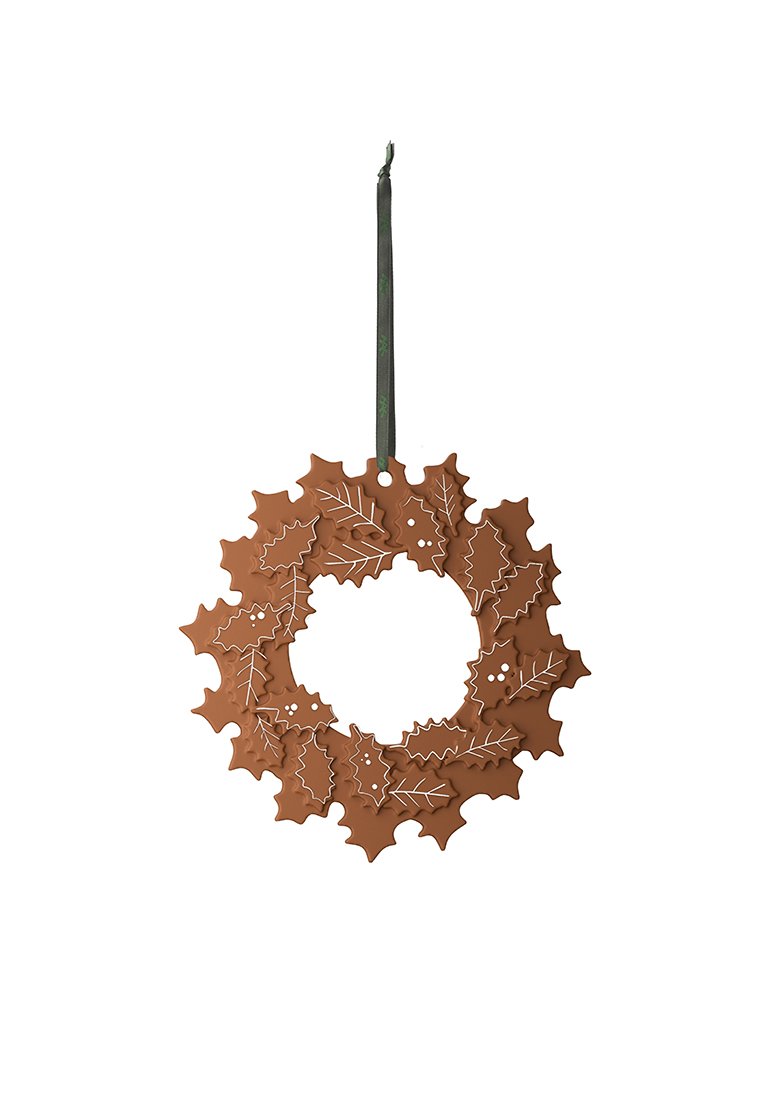 Brauner Silikonkranz mit Stechpalmenblättern und einer zentralen Öffnung. Hängt an einem dunkelgrünen Band. Strukturiert Oberfläche und ausgeklügelte Details.