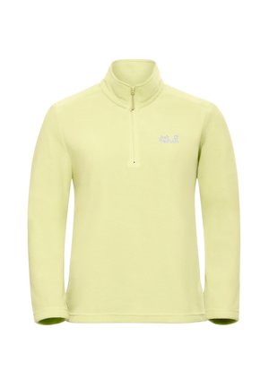 Lichtgroene fleece trui met een kwart ritssluiting, voorzien van een geborduurd logo op de linkerborst en nauwsluitende lange mouwen.