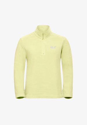 Lichtgroene fleece trui met een kwart ritssluiting, voorzien van een geborduurd logo op de linkerborst en nauwsluitende lange mouwen.