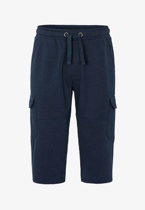 Mørkeblå cargo shorts lavet af blødt stof, med elastisk talje og snor, sidelommer og en afslappet pasform.