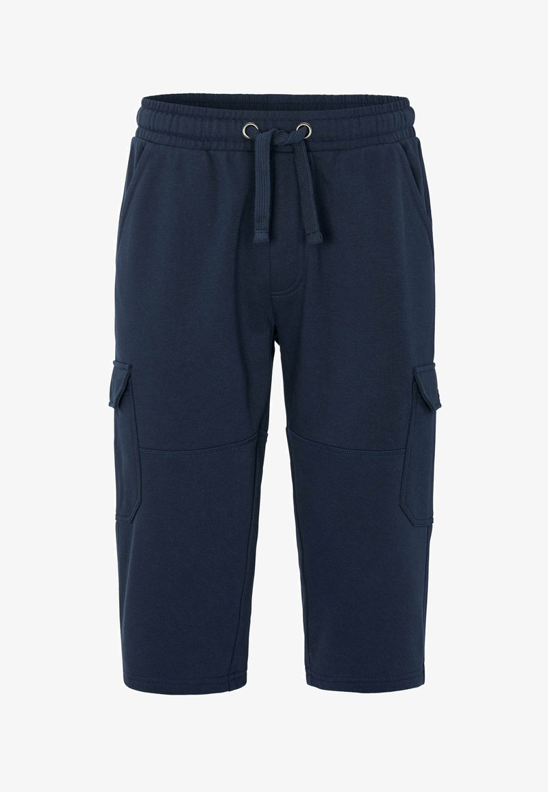 Marineblaue Cargo-Shorts aus weichem Stoff, mit einem elastischen Bund und Kordelzug, Seitentaschen und lockerem Schnitt.