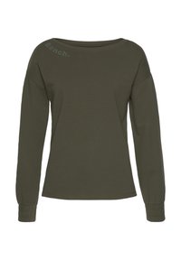 Maglietta a maniche lunghe verde oliva con scollo a barca, tessuto testurizzato e polsini elasticizzati; presenta un discreto logo "Bench." sulla spalla.