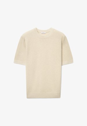 Kurzärmeliger, hellbeiger Strickpullover mit rundem Ausschnitt, aus strukturiertem Stoff und mit gerippten Bündchen und Saum.