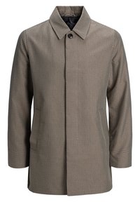 Beige och brun rutad kappa med krage, knäppning fram, två sidofickor och rak passform. Slät textur och lättviktsmaterial.