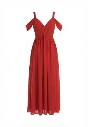 Vestido maxi de gasa rojo con mangas de hombros descubiertos, tirantes finos, escote en V y detalle fruncido en la cintura.