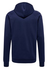 Marineblauwe hoodie met een gladde textuur, voorzien van een trekkoord capuchon en ribgebreide manchetten en zoom, zonder zichtbare merktekens of patronen op de achterkant.