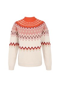 Strickpullover mit Rundhalsausschnitt, cremefarbener Basis und einem farbblockierten geometrischen Muster in Orange, Pink und Burgundy. Weicher Griff.