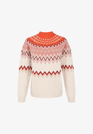 Sweter z dzianiny z okrągłym dekoltem, w kremowej kolorystyce, z kolorowymi blokami w geometryczny wzór w odcieniach pomarańczowego, różowego i burgundowego. Miękka faktura.