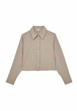 Kreminės spalvos trumpinta ilgomis rankovėmis marškinėliai su smaigaliu apykakle, sagų užsegimu priekyje ir lygiu paviršiumi. Paprastas dizainas be raštų ar akcentų.