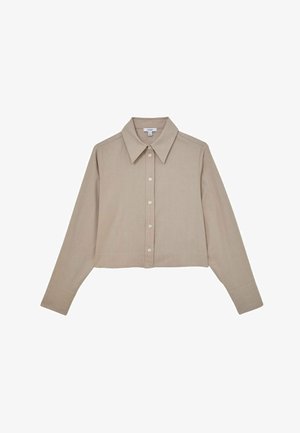 Beežikas lõigatud pikkade varrukatega särk terava krae, nupuklestiga esikinnise ja siledapinnaga. Lihtne disain ilma mustrite või aktsentideta.