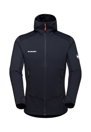 Navy blue Mammut jacket with a high collar, zippered front, and two side pockets. Features textured fabric and contrasting black stitching.