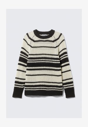 Schwarz-creme gestreifter Strickpullover mit Rundhalsausschnitt, geprägt durch eine strukturierte Webart sowie gerippte Bündchen und Saum. Lässige Passform, Unisex-Design.